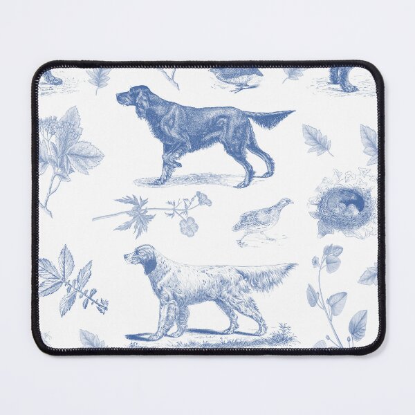 Item preview, Setter Dogs Walking in the Field with Birds and Wild Plants Vintage Botanical Illustrations Toile Pattern - Blue and White designed and sold by CanisArt.