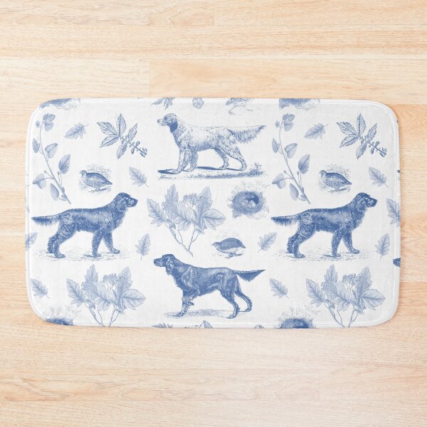 Item preview, Setter Dogs Walking in the Field with Birds and Wild Plants Vintage Botanical Illustrations Toile Pattern - Blue and White designed and sold by CanisArt.