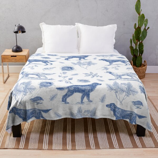 Item preview, Setter Dogs Walking in the Field with Birds and Wild Plants Vintage Botanical Illustrations Toile Pattern - Blue and White designed and sold by CanisArt.