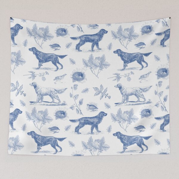 Item preview, Setter Dogs Walking in the Field with Birds and Wild Plants Vintage Botanical Illustrations Toile Pattern - Blue and White designed and sold by CanisArt.