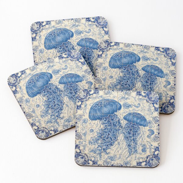 Item preview, Jellyfish in Blue Azulejos Tiles designed and sold by regiaart.