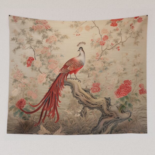 Item preview, Red Silk Floral Peacock Branch Beauty Carpet designed and sold by GrinGalore.
