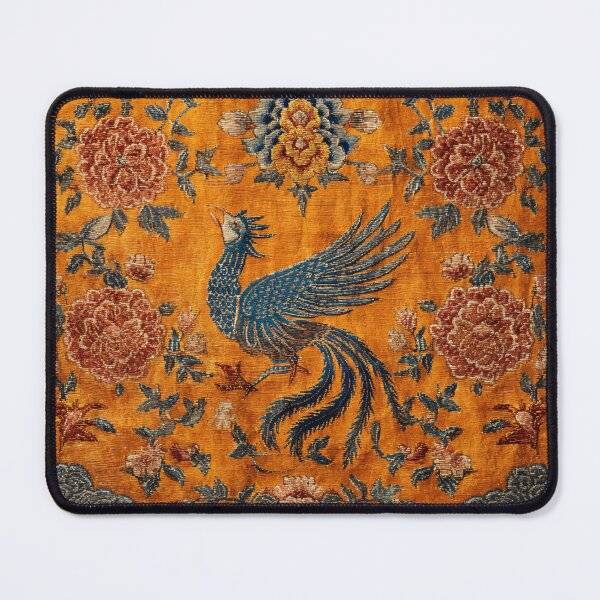 Item preview, Orange Silk Floral Rug Chinese Mystical Blue Bird designed and sold by GrinGalore.