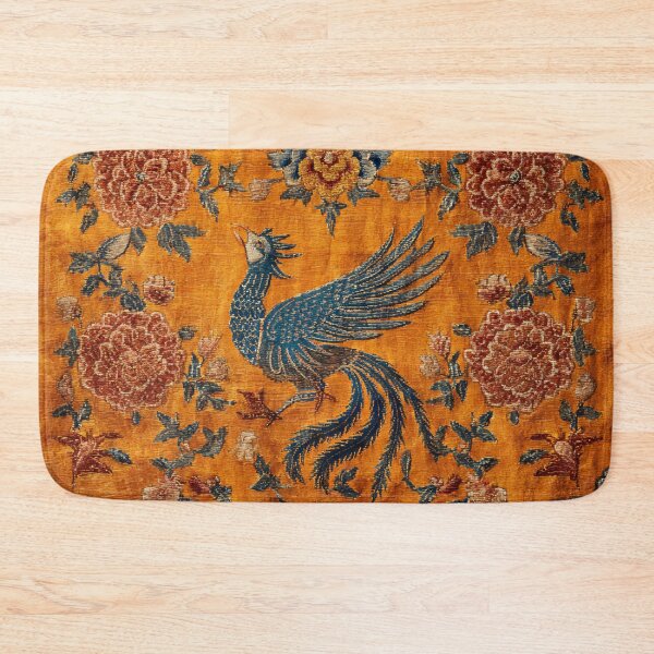 Item preview, Orange Silk Floral Rug Chinese Mystical Blue Bird designed and sold by GrinGalore.