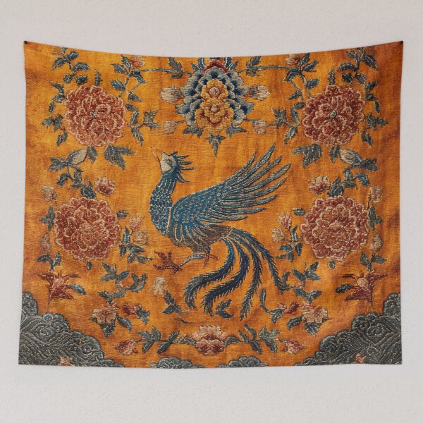 Item preview, Orange Silk Floral Rug Chinese Mystical Blue Bird designed and sold by GrinGalore.