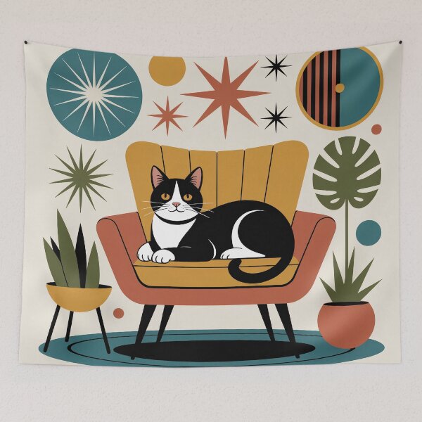 Item preview, Atomic Lounge Cat – Mid-Century Modern Palm Springs Retro Cat Wall Art designed and sold by Tamas Das.