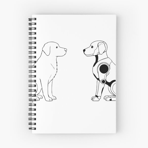 Item preview, Minimalist outline illustration of a real dog and a robot dog sitting face to face on a white background.  designed and sold by SolArt88.