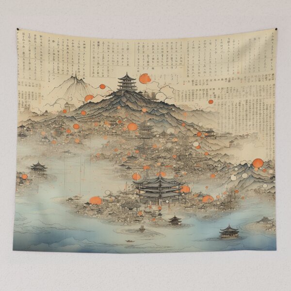 Item preview, Traditional Japanese Illustration - Pagodas and Calligraphy designed and sold by DaisukiTokyo.