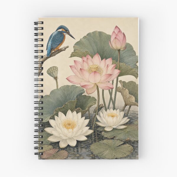 Item preview, Vintage Kingfisher and Lotus Botanical Illustration designed and sold by NuvoraNest.