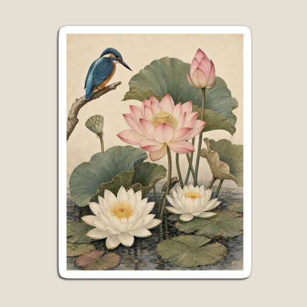 Item preview, Vintage Kingfisher and Lotus Botanical Illustration designed and sold by NuvoraNest.