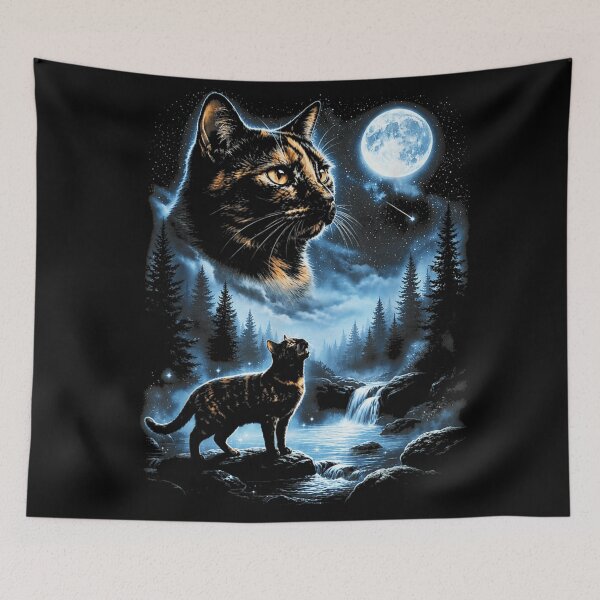 Item preview, Mystic Tortoiseshell Cat Howling At Starry Sky Full Moon Waterfall Fantasy designed and sold by Phil Ben.