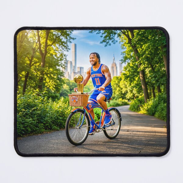 Item preview, Jalen Brunson Riding His Bicycle With MVP Trophy designed and sold by Home Decor Art.