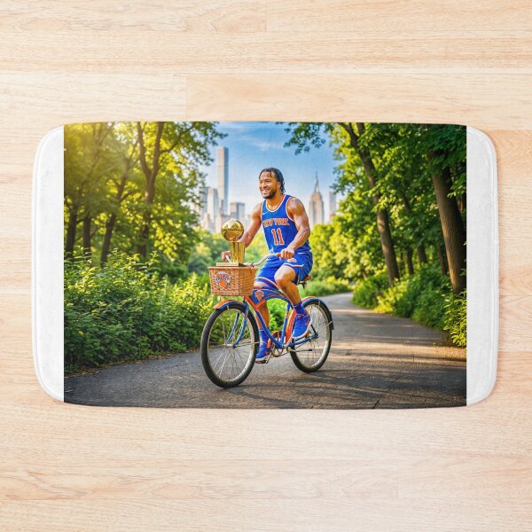 Item preview, Jalen Brunson Riding His Bicycle With MVP Trophy designed and sold by Home Decor Art.