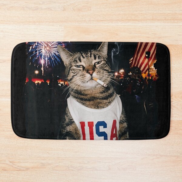 Item preview, Funny Smoking Cat in USA Tank Top With Fireworks and American Flag designed and sold by River Silva.
