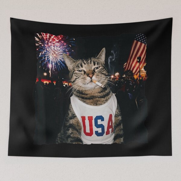 Item preview, Funny Smoking Cat in USA Tank Top With Fireworks and American Flag designed and sold by River Silva.