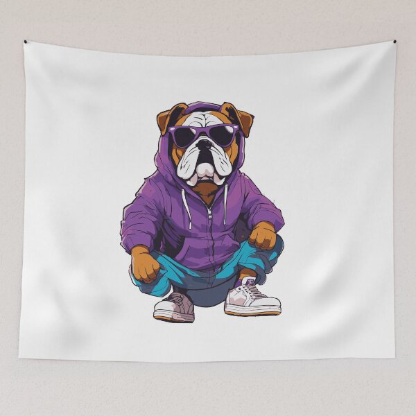 Item preview, Pop Art bulldog wearing a purple hoodie and aviator glasses and jordans designed and sold by Artimax-Studio.