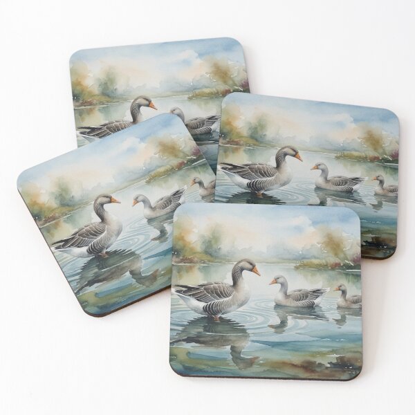 Item preview, Greylag Geese Swimming on Calm Lake - Watercolor Wildlife Art designed and sold by Pioneer Spirit Market.