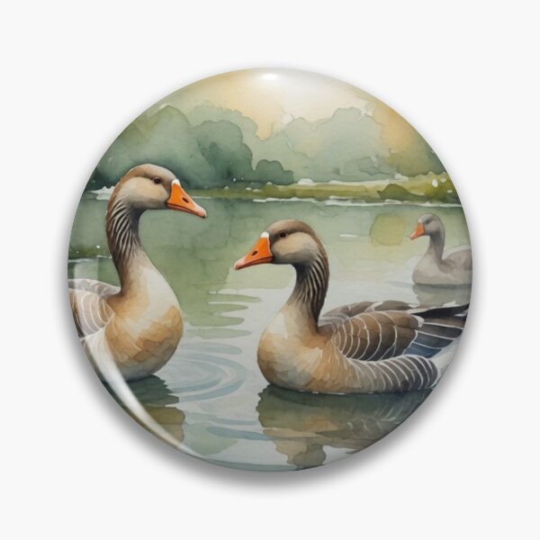 Item preview, Greylag Geese Swimming on Tranquil Lake - Watercolor Wildlife Art designed and sold by Pioneer Spirit Market.