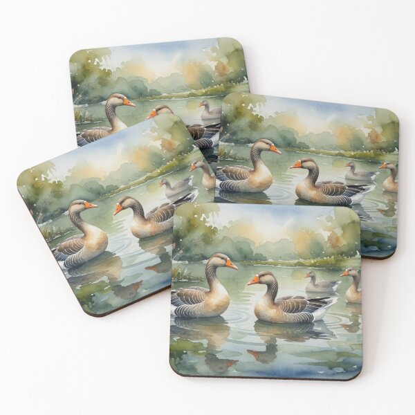 Item preview, Greylag Geese Swimming on Tranquil Lake - Watercolor Wildlife Art designed and sold by Pioneer Spirit Market.