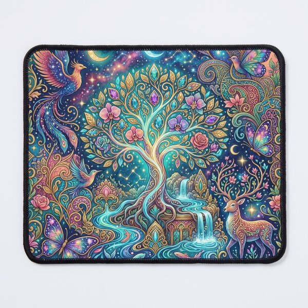 Item preview, Mystical Tree of Life Fantasy Art - Cosmic Phoenix, Stag & Enchanted Forest Painting designed and sold by ART BOND.