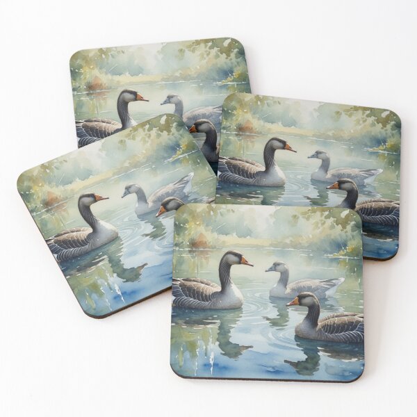 Item preview, Three Greylag Geese Swimming on Calm Lake - Watercolor Wildlife Art designed and sold by Pioneer Spirit Market.