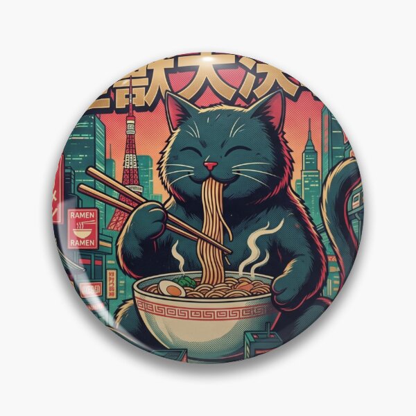 Item preview, Kaiju Cat Eating Ramen Retro Japanese Neo Tokyo designed and sold by KJ Frost.