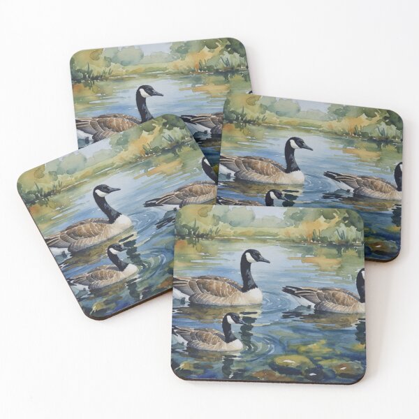 Item preview, Canada Geese Swimming in Calm Lake - Watercolor Wildlife Art designed and sold by Pioneer Spirit Market.