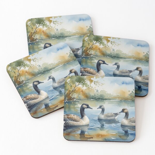Item preview, Canada Geese Swimming in Calm Lake - Watercolor Wildlife Art designed and sold by Pioneer Spirit Market.