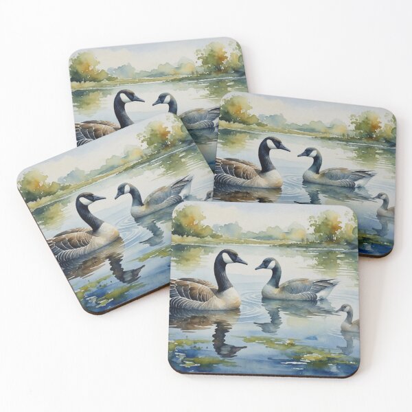 Item preview, Canada Geese Swimming in Calm Lake - Watercolor Wildlife Art designed and sold by Pioneer Spirit Market.
