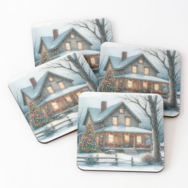Item preview, Cozy Christmas Farmhouse with Lights and Tree - Watercolor Holiday Art designed and sold by Pioneer Spirit Market.