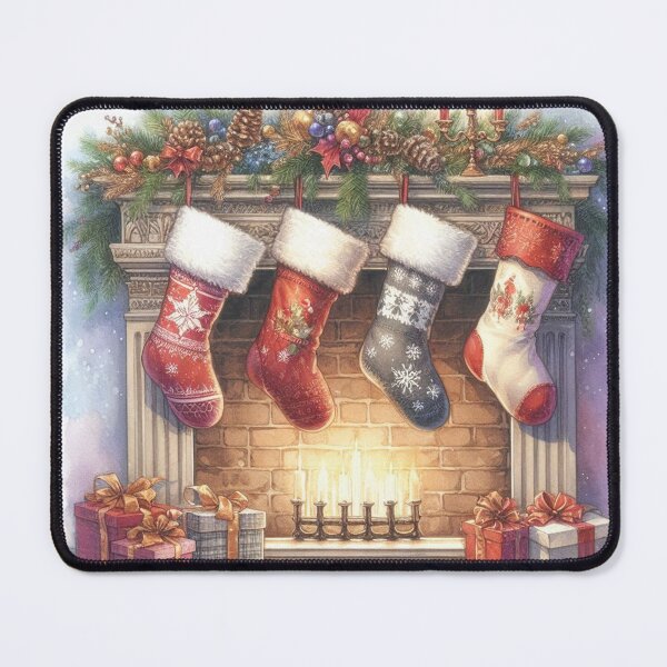 Item preview, Four Festive Christmas Stockings by Fireplace - Watercolor Holiday Art designed and sold by Pioneer Spirit Market.