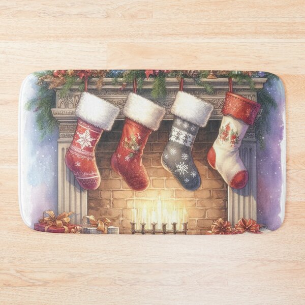 Item preview, Four Festive Christmas Stockings by Fireplace - Watercolor Holiday Art designed and sold by Pioneer Spirit Market.