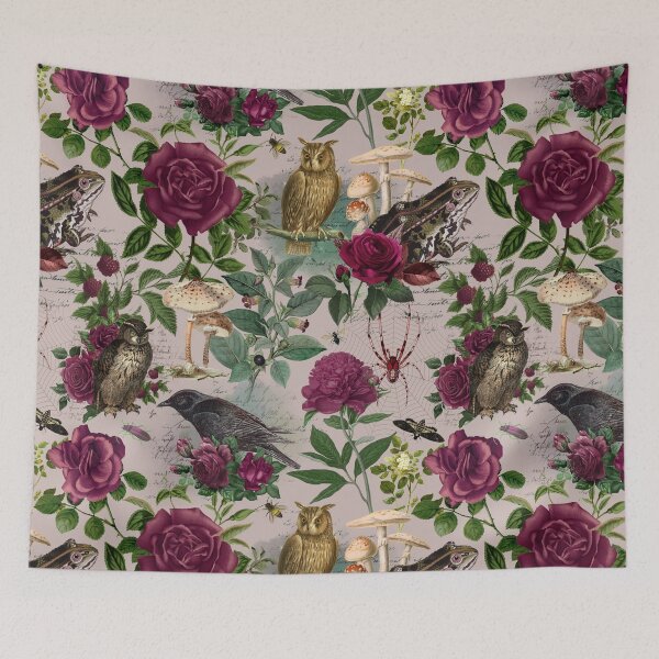 Item preview, Burgundy Flowers and Forest Creatures Moody Goblincore Pattern - Mauve designed and sold by CanisArt.