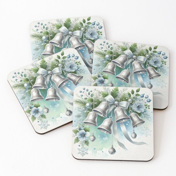 Item preview, Silver Christmas Bells with Blue Ribbon - Elegant Watercolor Holiday Art designed and sold by Pioneer Spirit Market.