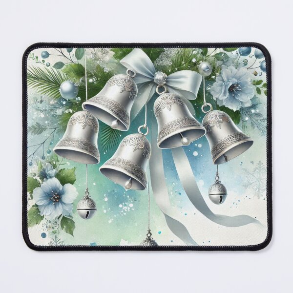 Item preview, Silver Christmas Bells with Blue Ribbon - Elegant Watercolor Holiday Art designed and sold by Pioneer Spirit Market.