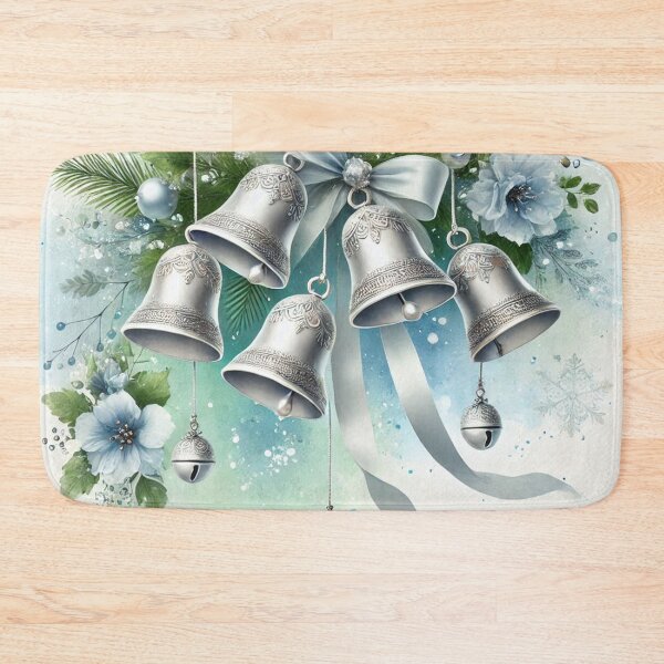 Item preview, Silver Christmas Bells with Blue Ribbon - Elegant Watercolor Holiday Art designed and sold by Pioneer Spirit Market.