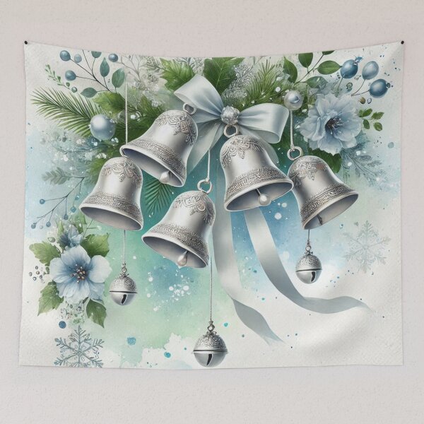 Item preview, Silver Christmas Bells with Blue Ribbon - Elegant Watercolor Holiday Art designed and sold by Pioneer Spirit Market.