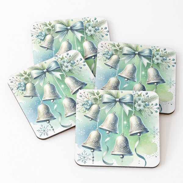 Item preview, Silver Christmas Bells with Blue Bow - Elegant Watercolor Holiday Art designed and sold by Pioneer Spirit Market.