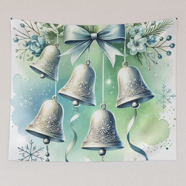 Item preview, Silver Christmas Bells with Blue Bow - Elegant Watercolor Holiday Art designed and sold by Pioneer Spirit Market.