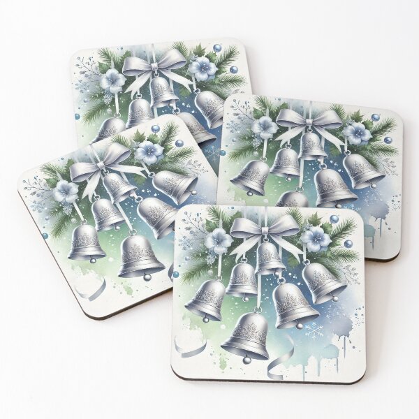Item preview, Silver Christmas Bells with Blue Bow and Greenery - Elegant Watercolor Holiday Art designed and sold by Pioneer Spirit Market.