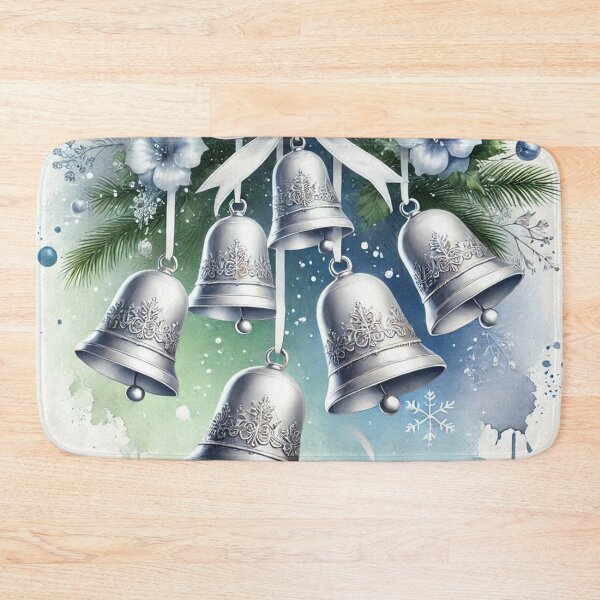 Item preview, Silver Christmas Bells with Blue Bow and Greenery - Elegant Watercolor Holiday Art designed and sold by Pioneer Spirit Market.