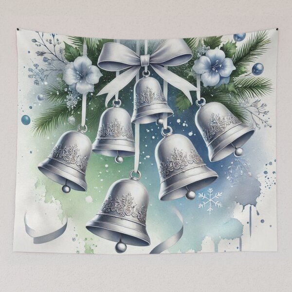 Item preview, Silver Christmas Bells with Blue Bow and Greenery - Elegant Watercolor Holiday Art designed and sold by Pioneer Spirit Market.