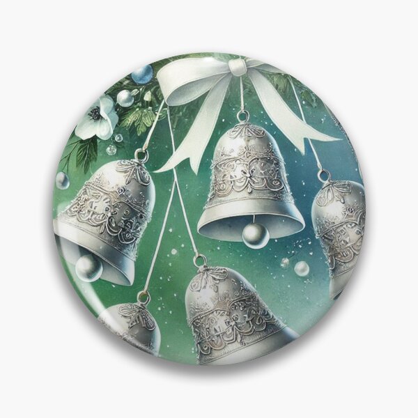Item preview, Ornate Silver Christmas Bells with Blue Ribbon - Elegant Watercolor Holiday Art designed and sold by Pioneer Spirit Market.