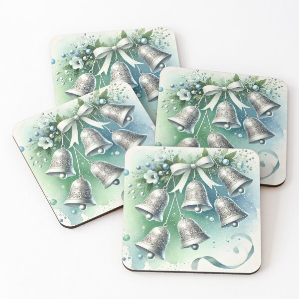 Item preview, Ornate Silver Christmas Bells with Blue Ribbon - Elegant Watercolor Holiday Art designed and sold by Pioneer Spirit Market.