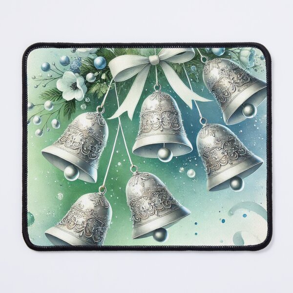 Item preview, Ornate Silver Christmas Bells with Blue Ribbon - Elegant Watercolor Holiday Art designed and sold by Pioneer Spirit Market.