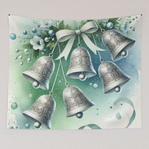 Item preview, Ornate Silver Christmas Bells with Blue Ribbon - Elegant Watercolor Holiday Art designed and sold by Pioneer Spirit Market.