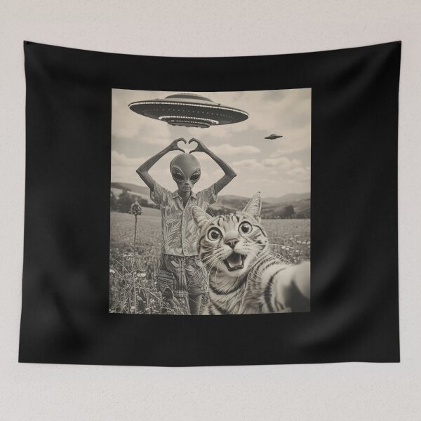 Item preview, Cat Selfie With Alien UFO Meme designed and sold by Hedoraxe.