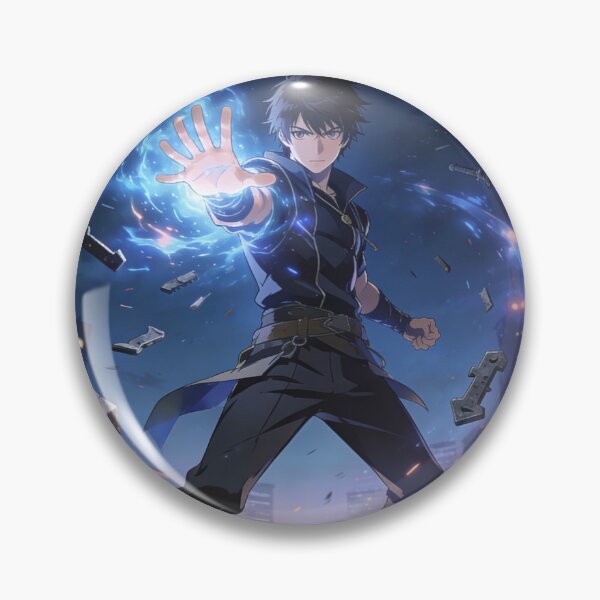 Item preview, An anime-style young man stands in a nighttime city, unleashing blue magical energy from his hand as books, weapons, and objects swirl around him in a dynamic, powerful scene. designed and sold by NOUNOUDAGHER.