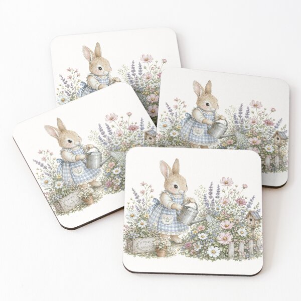 Item preview, Spring Garden Bunny Watering Flowers | Cottagecore Rabbit Illustration designed and sold by looplandger.