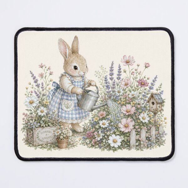 Item preview, Spring Garden Bunny Watering Flowers | Cottagecore Rabbit Illustration designed and sold by looplandger.